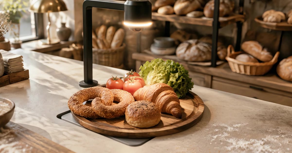 A bakery counter with simit, a croissant and poğaça under an overhead camera