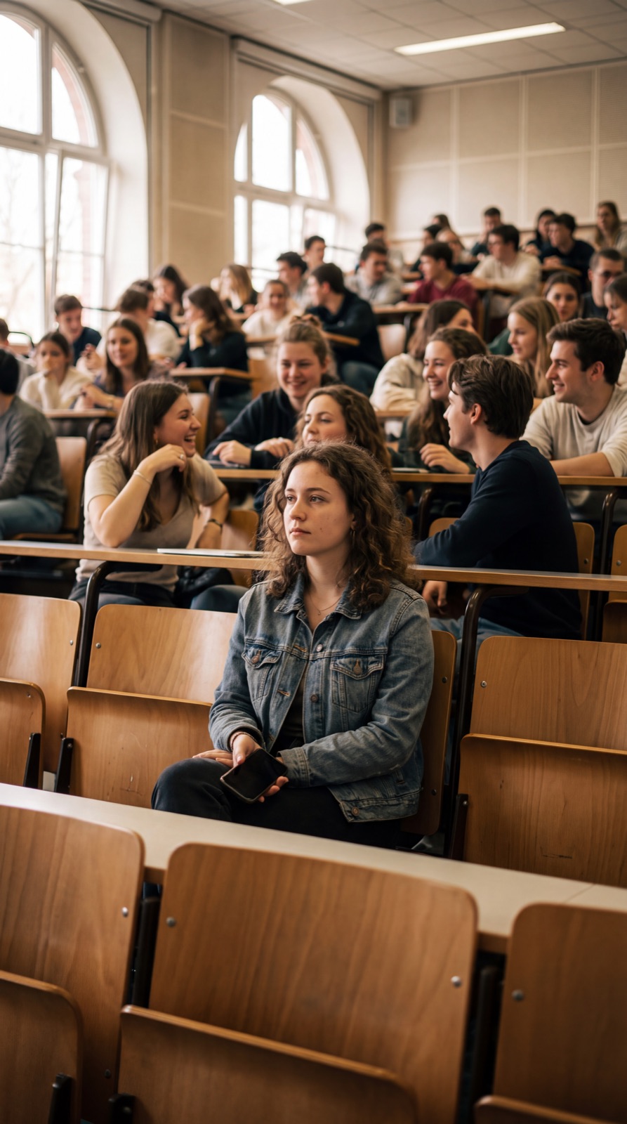 A lecture hall full of students, one of them looking at her phone