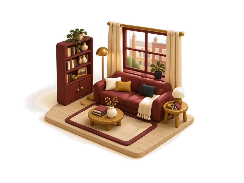 Clay-style illustration of the flat-viewing scene — a living room with a sofa, bookshelf and window