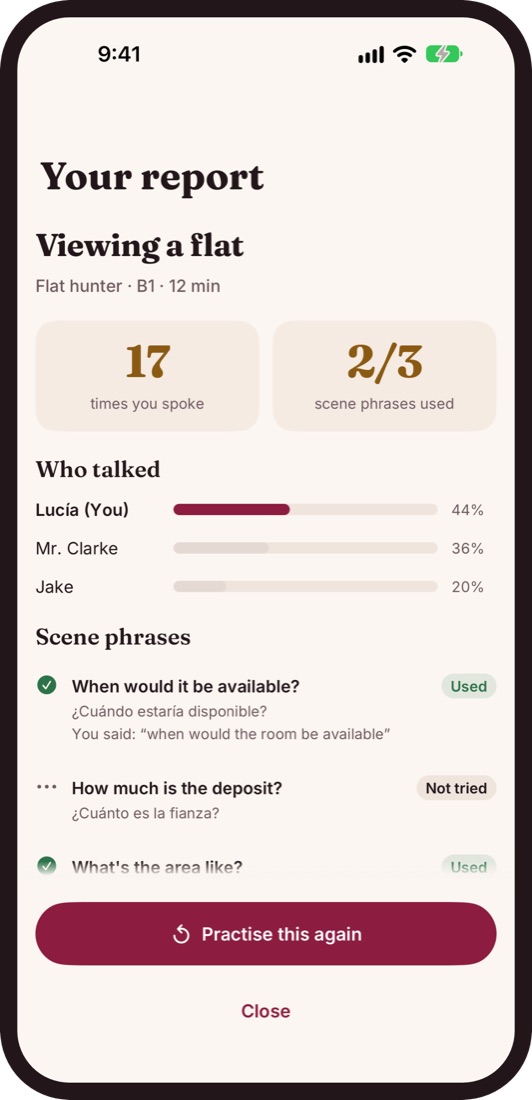 Session report with mistakes and phrases to learn
